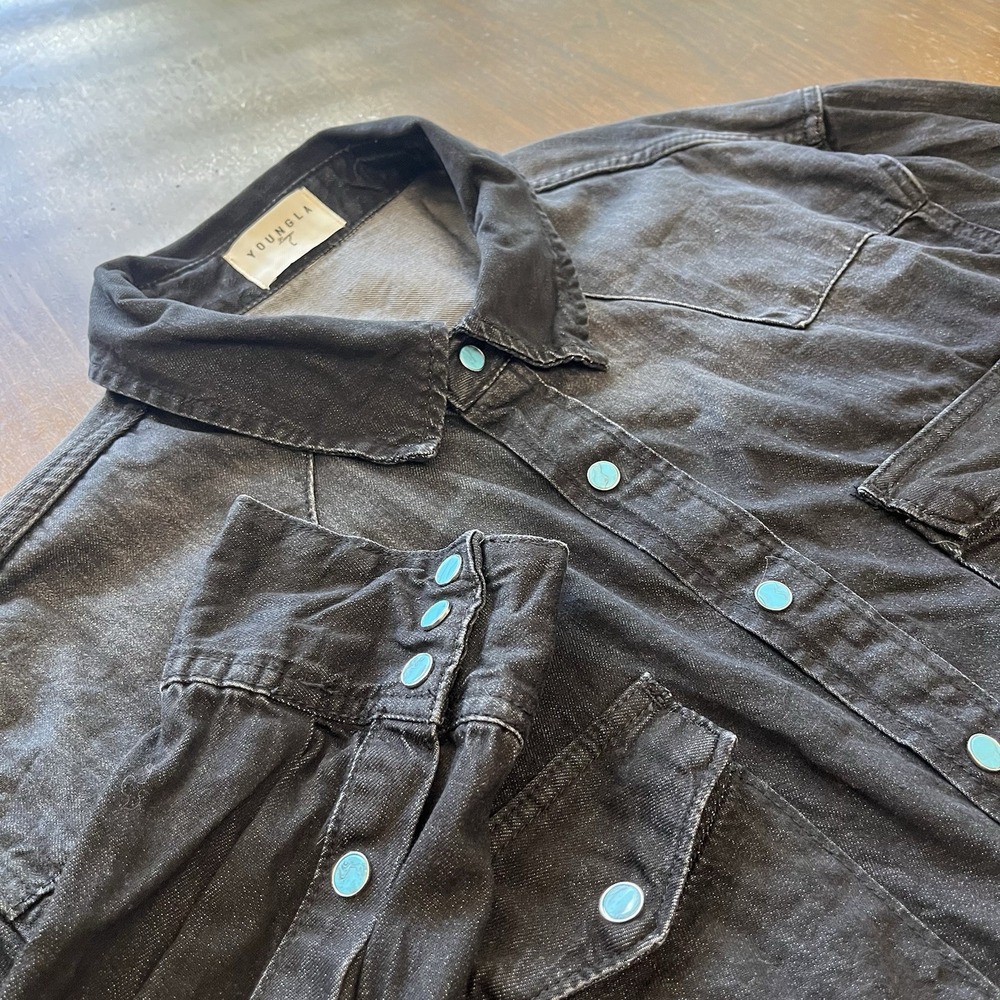YoungLA 8011 Men's Large Western Denim Shirt Black Wash Snap Button Overshirt